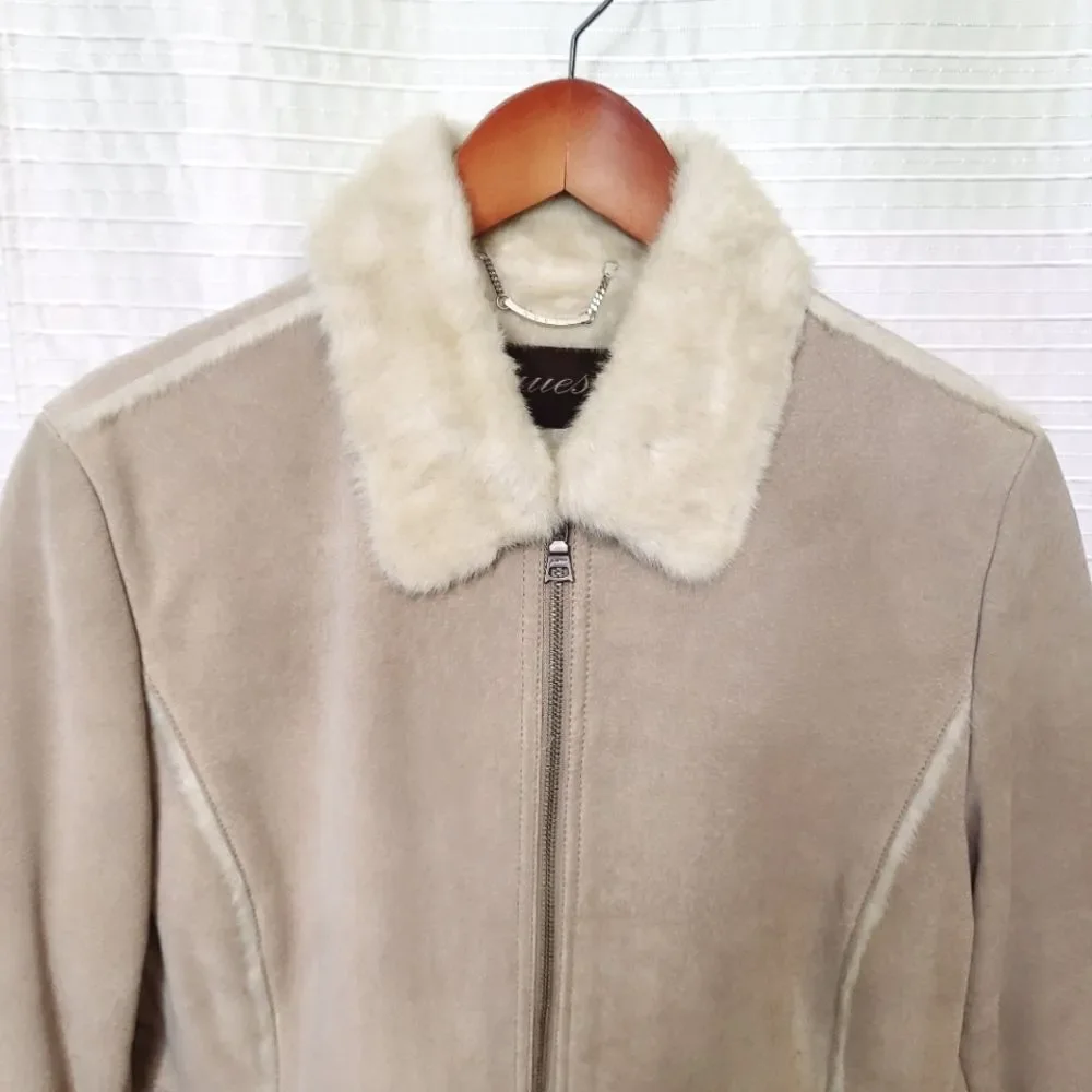 Y2K Guess Suede Leather Soft Faux Fur Lined Coat Light Tan Women's M